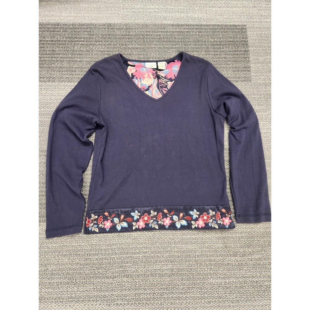 Vtg Lee Essentials Womens Pullover Top Blue Long Sleeve Floral Border Hem Medium